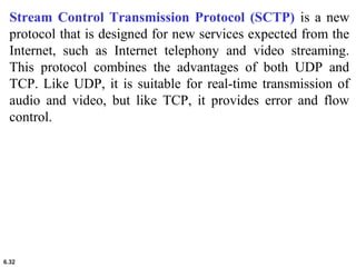 6.32
Stream Control Transmission Protocol (SCTP) is a new
protocol that is designed for new services expected from the
Internet, such as Internet telephony and video streaming.
This protocol combines the advantages of both UDP and
TCP. Like UDP, it is suitable for real-time transmission of
audio and video, but like TCP, it provides error and flow
control.
 