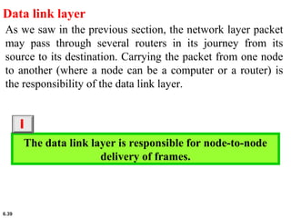 6.39
Data link layer
As we saw in the previous section, the network layer packet
may pass through several routers in its journey from its
source to its destination. Carrying the packet from one node
to another (where a node can be a computer or a router) is
the responsibility of the data link layer.
The data link layer is responsible for node-to-node
delivery of frames.
i
 