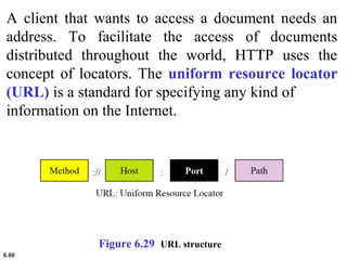 6.60
Figure 6.29 URL structure
A client that wants to access a document needs an
address. To facilitate the access of documents
distributed throughout the world, HTTP uses the
concept of locators. The uniform resource locator
(URL) is a standard for specifying any kind of
information on the Internet.
 