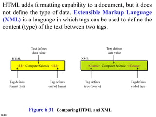 6.63
HTML adds formatting capability to a document, but it does
not define the type of data. Extensible Markup Language
(XML) is a language in which tags can be used to define the
content (type) of the text between two tags.
Figure 6.31 Comparing HTML and XML
 