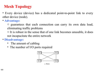 6.8
Mesh Topology
• Every device (device) has a dedicated point-to-point link to every
other device (node).
• Advantage:
o guarantees that each connection can carry its own data load,
eliminating traffic problems
o It is robust in the sense that of one link becomes unusable, it does
not incapacitate the entire network
• Disadvantage:
• The amount of cabling
• The number of I/O ports required
 