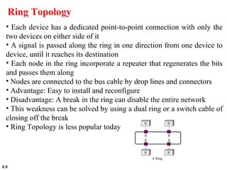 6.9
Ring Topology
• Each device has a dedicated point-to-point connection with only the
two devices on either side of it
• A signal is passed along the ring in one direction from one device to
device, until it reaches its destination
• Each node in the ring incorporate a repeater that regenerates the bits
and passes them along
• Nodes are connected to the bus cable by drop lines and connectors
• Advantage: Easy to install and reconfigure
• Disadvantage: A break in the ring can disable the entire network
• This weakness can be solved by using a dual ring or a switch cable of
closing off the break
• Ring Topology is less popular today
 