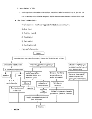 2) Natural Killer(NK) cells
- Unique groupof defensivecellsrunninginthe bloodstreamandlymphthatcan lyse andkill
cancer cellsandvirus-infectedbodycellsbefore the immune systemare enlistedinthe fight.
 INFLAMMATORYRESPONSE:
- Body’ssecondline of defense,triggeredwhenbodytissuesare injured.
- Cardinal signs:
1) Redness (rubor)
2) Heat (calor)
3) Pain(dolor)
4) Swelling(tumor)
- Processof inflammation
 FEVER
INJURY
Damaged cells secretes inflammatory chemicals (histamine and kinins)
Dilatationof bloodvessels ↑ capillarypermeability(“leaky”) Attractionof phagocytes
and WBC intothe injured
area (chemotaxis)↑ bloodflowintothe area
Leakof plasmafrom
the bloodstreaminto
the tissue spaces
Entrance of clotting
proteinsfromthe
bloodintothe area
Removal of damaged/
deadtissue cellsand
pathogensfromthe area.
Redness Heat
↑ O2 &
nutrient supply
↑metabolicrate of
tissue cells
Edema
Swelling
Activation of
pain receptors
Pain
Possible temporarylimitation of
joint movement
Fibrin barrier
formation
Walls off the damaged area to
prevent the spread of pathogen
Healing
 