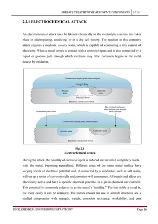 SURFACE TREATMENT OF AEROSPACE COMPONENTS 2014
DSCE, CHEMICAL ENGINEERING DEPARTMENT Page 16
2.2.1 ELECTROCHEMICAL ATTACK
An electrochemical attack may be likened chemically to the electrolytic reaction that takes
place in electroplating, anodizing, or in a dry cell battery. The reaction in this corrosive
attack requires a medium, usually water, which is capable of conducting a tiny current of
electricity. When a metal comes in contact with a corrosive agent and is also connected by a
liquid or gaseous path through which electrons may flow, corrosion begins as the metal
decays by oxidation.
During the attack, the quantity of corrosive agent is reduced and in turn it completely reacts
with the metal, becoming neutralized. Different areas of the same metal surface have
varying levels of electrical potential and, if connected by a conductor, such as salt water,
will set up a series of corrosion cells and corrosion will commence. All metals and alloys are
electrically active and have a specific electrical potential in a given chemical environment.
This potential is commonly referred to as the metal’s “nobility.” The less noble a metal is,
the more easily it can be corroded. The metals chosen for use in aircraft structures are a
studied compromise with strength, weight, corrosion resistance, workability, and cost
Fig 2.1
Electrochemical attack
 