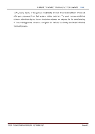 SURFACE TREATMENT OF AEROSPACE COMPONENTS 2014
DSCE, CHEMICAL ENGINEERING DEPARTMENT Page 63
VOCs, heavy metals, or halogens as all of the by-products found in the effluent streams of
other processes come from their dyes or plating materials. The most common anodizing
effluents, aluminium hydroxide and aluminium sulphate, are recycled for the manufacturing
of alum, baking powder, cosmetics, newsprint and fertilizer or used by industrial wastewater
treatment systems.
 