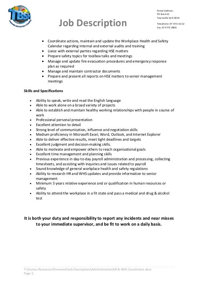 HR & WHS Coordinator JD