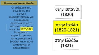 Οι ρυθμίσεις του
συνεδρίου της
Βιέννης
αμφισβητήθηκαν για
πρώτη φορά
οργανωμένα με το
επαναστατικό κύμα
των ετών 1820-1821.
Γεωγραφικά
περιορίστηκε στη
νότια, μεσογειακή
Ευρώπη και σ’ αυτό
εντάσσονται οι
επαναστάσεις
στην Ιταλία
(1820-1821)
Οι επαναστάσεις των ετών 1820-1821
 