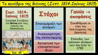 Το συνέδριο της Βιέννης (Σεπτ. 1814-Ιούνιος 1815)
Σύγκληση Συνεδρίου
στη Βιέννη από τους
νικητές του
Ναπολέοντα
Επαναχάραξη των
συνόρων
Ανασυγκρότηση
της απολυταρχίας
Καταστολή των
επαναστατικών
ιδεών
Εγκαθίδρυση εκ
νέου του
πολιτεύματος της
βασιλείας
Επάνοδος των
γαλλικών συνόρων
εκεί που ήταν το
1789
Σελ. 22
 