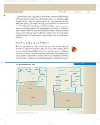 FACILITY LAYOUT technical note 203
In ﬁxed-position layout, a high degree of task ordering is common, and to the extent that
this precedence determines production stages, a ﬁxed-position layout might be developed
by arranging materials according to their technological priority. This procedure would be
expected in making a layout for a large machine tool, such as a stamping machine, where
manufacture follows a rigid sequence; assembly is performed from the ground up, with
parts being added to the base in almost a building-block fashion.
As far as quantitative layout techniques are concerned, there is little in the literature
devoted to ﬁxed-position formats, even though they have been utilized for thousands of
years. In certain situations, however, it may be possible to specify objective criteria and
develop a ﬁxed-position layout through quantitative means. For instance, if the material
handling cost is signiﬁcant and the construction site permits more or less straight-line
material movement, the CRAFT process layout technique might be advantageously
employed.
R E TA I L S E R V I C E L AYO U T
q q q The objective of a retail service layout (as is found in stores, banks, and
restaurants) is to maximize net proﬁt per square foot of store space. A company that has
been very successful in leveraging every inch of its layout space to achieve this objective is
Taco Bell Restaurants. Exhibit TN5.15 illustrates Taco Bell store layouts used in 1986 and
from 1991 to the present. The nature of the layout changes reﬂects actions required to sup-
port the company’s value strategy of speed and low prices. Key operational modiﬁcations
include elimination of many on-site food preparation steps, which simultaneously increased
the speed of service while reducing the amount of working space needed. For example, the
Servi
ce
E X H I B I T TN5.15
SOURCE: COURTESY OF TACO BELL CORP., LOS ANGELES, CA.
Drive-through
bubble
Employee
area
Office Pantry
Cooler/
Refrigerator
Men
WomenService
Customer
Dining
1991
1986
Employee
area
Pantry area
Cooler
Work area
Kitchen
Kitchen
Men
Women
Office
Service
Dining
Work area
Drive-through
bubble
Taco Bell Restaurant Floor Plans
cha06369_tn05.qxd 3/4/03 11:05 AM Page 203
 
