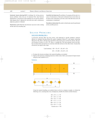 208 section 2 PRODUCT DESIGN AND PROCESS SELECTION
S O L V E D P R O B L E M S
SOLVED PROBLEM 1
A university advising ofﬁce has four rooms, each dedicated to speciﬁc problems: petitions
(Room A), schedule advising (Room B), grade complaints (Room C), and student counseling
(Room D). The ofﬁce is 80 feet long and 20 feet wide. Each room is 20 feet by 20 feet. The pre-
sent location of rooms is A, B, C, D—that is, a straight line. The load summary shows the num-
ber of contacts that each adviser in a room has with other advisers in the other rooms. Assume that
all advisers are equal in this value.
Load summary: AB = 10, AC = 20, AD = 30,
BC = 15, BD = 10, CD = 20.
a. Evaluate this layout according to the material handling cost method.
b. Improve the layout by exchanging functions within rooms. Show your amount of improvement
using the same method as in a.
Solution
a.
Using the material handling cost method shown in the toy company example, we obtain the
following costs, assuming that every nonadjacency doubles the initial cost/unit distance:
AB = 10 × 1 = 10
AC = 20 × 2 = 40
AD = 30 × 3 = 90
BC = 15 × 1 = 15
BD = 10 × 2 = 20
CD = 20 × 1 = 20
Current cost = 195
20
DCBA
30
1510 20
10
A B C D
80'
20'
Systematic layout planning (SLP) A technique for solving process
layout problems when the use of numerical ﬂow data between
departments is not practical. The technique uses an activity relation-
ship diagram that is adjusted by trial and error until a satisfactory
adjacency pattern is obtained.
Workstation cycle time The time between successive units coming
off the end of an assembly line.
Assembly-line balancing The problem of assigning all the tasks to a
series of workstations so that each workstation has no more than can
be done in the workstation cycle time, and so that idle time across all
workstations is minimized.
Precedence relationship The order in which tasks must be performed
in the assembly process.
cha06369_tn05.qxd 3/4/03 11:05 AM Page 208
 