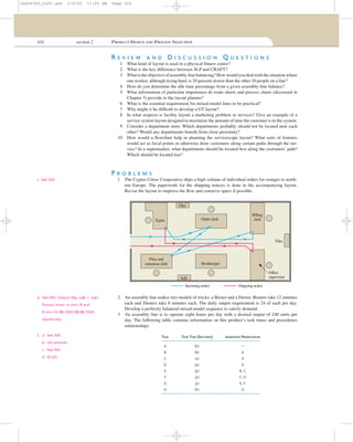 210 section 2 PRODUCT DESIGN AND PROCESS SELECTION
R E V I E W A N D D I S C U S S I O N Q U E S T I O N S
1 What kind of layout is used in a physical ﬁtness center?
2 What is the key difference between SLP and CRAFT?
3 Whatistheobjectiveofassembly-linebalancing?Howwouldyoudealwiththesituationwhere
one worker, although trying hard, is 20 percent slower than the other 10 people on a line?
4 How do you determine the idle time percentage from a given assembly-line balance?
5 What information of particular importance do route sheets and process charts (discussed in
Chapter 3) provide to the layout planner?
6 What is the essential requirement for mixed-model lines to be practical?
7 Why might it be difﬁcult to develop a GT layout?
8 In what respects is facility layout a marketing problem in services? Give an example of a
service system layout designed to maximize the amount of time the customer is in the system.
9 Consider a department store. Which departments probably should not be located near each
other? Would any departments beneﬁt from close proximity?
10 How would a ﬂowchart help in planning the servicescape layout? What sorts of features
would act as focal points or otherwise draw customers along certain paths through the ser-
vice? In a supermarket, what departments should be located ﬁrst along the customers’ path?
Which should be located last?
P R O B L E M S
1 The Cyprus Citrus Cooperative ships a high volume of individual orders for oranges to north-
ern Europe. The paperwork for the shipping notices is done in the accompanying layout.
Revise the layout to improve the ﬂow and conserve space if possible.
2 An assembly line makes two models of trucks: a Buster and a Duster. Busters take 12 minutes
each and Dusters take 8 minutes each. The daily output requirement is 24 of each per day.
Develop a perfectly balanced mixed-model sequence to satisfy demand.
3 An assembly line is to operate eight hours per day with a desired output of 240 units per
day. The following table contains information on this product’s task times and precedence
relationships:
TASK TASK TIME (SECONDS) IMMEDIATE PREDECESSOR
A 60 —
B 80 A
C 20 A
D 50 A
E 90 B, C
F 30 C, D
G 30 E, F
H 60 G
Typist
Files
Order clerk
Bookkeeper
Billing
clerk
Office
supervisor
Files
Safe
Incoming notice Outgoing notice
Price and
extension clerk
1. See ISM.
2. See ISM. Output/day: 24B + 24D.
Process times: 12 min./B and
8 min./D. BB/DDD BB BB/DDD
repetitively.
3. a. See ISM.
b. 120 seconds.
c. See ISM.
d. 87.5%.
cha06369_tn05.qxd 3/4/03 11:05 AM Page 210
 