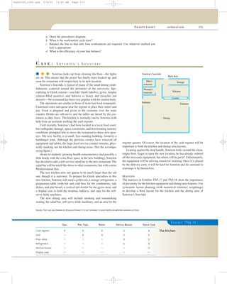 FACILITY LAYOUT technical note 215
E X H I B I T TN5.17
GRILL PREP. TABLE REFRIG. VERTICAL BROILER DISPLAY CASE
Cash register X A X U A
Grill — A A U E
Prep. table — — I A U
Refrigerator — — — U X
Vertical broiler — — — — U
Display case — — — — —
The Kitchen
C A S E : S O T E R I O U ’ S S O U V L A K I
q q q Soteriou looks up from cleaning the ﬂoor—the lights
are on. This means that the power has ﬁnally been hooked up, and
soon his restaurant will reopen here in its new location.
Soteriou’s Souvlaki is typical of many of the small dining estab-
lishments scattered around the perimeter of the university. Spe-
cializing in Greek cuisine—souvlaki (lamb kabobs), gyros, tiropita
(cheese-ﬁlled pastries), and baklava (a honey and pistachio nut
dessert)—the restaurant has been very popular with the student body.
The operations are similar to those of most fast-food restaurants.
Customers enter and queue near the register to place their orders and
pay. Food is prepared and given to the customer over the main
counter. Drinks are self-serve, and the tables are bused by the cus-
tomers as they leave. The kitchen is normally run by Soteriou with
help from an assistant working the cash register.
Until recently, Soteriou’s had been located in a local food court,
but earthquake damage, space constraints, and deteriorating sanitary
conditions prompted him to move the restaurant to these new quar-
ters. The new facility is a small, free-standing building, formerly a
hamburger joint. Although the previous owners have removed all
equipment and tables, the large ﬁxed service counter remains, phys-
ically marking out the kitchen and dining areas. (See the accompa-
nying ﬁgure.)
Aware of students’growing health consciousness (and possibly a
little heady with the extra ﬂoor space in the new building), Soteriou
has decided to add a self-service salad bar to the new restaurant. The
salad bar will be much like those in other restaurants, but with a more
Mediterranean ﬂair.
The new kitchen does not appear to be much larger than the old
one, though it is narrower. To prepare his Greek specialties in this
new kitchen, Soteriou will need a grill/oven, a storage refrigerator, a
preparation table (with hot and cold bins for the condiments, side
dishes, and pita bread), a vertical spit broiler for the gyros meat, and
a display case to hold the tiropitas, baklava, and cups for the self-
serve drink machines.
The new dining area will include smoking and nonsmoking
seating, the salad bar, self-serve drink machines, and an area for the
register queues. Of course, the location of the cash register will be
important to both the kitchen and dining area layouts.
Leaning against the mop handle, Soteriou looks around the clean,
empty ﬂoor. Eager to open the new location, he has already ordered
all the necessary equipment, but where will he put it? Unfortunately,
the equipment will be arriving tomorrow morning. Once it is placed
by the delivery crew, it will be hard for Soteriou and his assistant to
rearrange it by themselves.
QUESTION
The matrices in Exhibits TN5.17 and TN5.18 show the importance
of proximity for the kitchen equipment and dining area features. Use
systematic layout planning (with numerical reference weightings)
to develop a ﬂoor layout for the kitchen and the dining area of
Soteriou’s Souvlaki.
a. Draw the precedence diagram.
b. What is the workstation cycle time?
c. Balance the line so that only four workstations are required. Use whatever method you
feel is appropriate.
d. What is the efﬁciency of your line balance?
SOURCE: THIS CASE WAS PREPARED BY DOUGLAS STEWART. IT IS NOT INTENDED TO SHOW PROPER OR IMPROPER HANDLING OF FOOD.
Storage
Counter
Kitchen
Men’s
restroom
Women’s
restroom
Dining
Entrance
Entrance
Back door
Soteriou’s Souvlaki
cha06369_tn05.qxd 3/4/03 11:05 AM Page 215
 