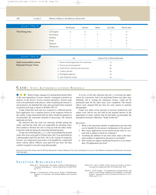216 section 2 PRODUCT DESIGN AND PROCESS SELECTION
C A S E : S T A T E A U T O M O B I L E L I C E N S E R E N E W A L S
q q q Henry Coupe, manager of a metropolitan branch ofﬁce
of the state department of motor vehicles, attempted to perform an
analysis of the driver’s license renewal operations. Several steps
were to be performed in the process. After examining the license re-
newal process, he identiﬁed the steps and associated times required
to perform each step as shown in Exhibit TN5.19.
Coupe found that each step was assigned to a different person.
Each application was a separate process in the sequence shown in
the exhibit. Coupe determined that his ofﬁce should be prepared to
accommodate the maximum demand of processing 120 renewal
applicants per hour.
He observed that the work was unevenly divided among the
clerks, and that the clerk who was responsible for checking viola-
tions tended to shortcut her task to keep up with the other clerks.
Long lines built up during the maximum demand periods.
Coupe also found that jobs 1, 2, 3, and 4 were handled by general
clerks who were each paid $12.00 per hour. Job 5 was performed by
a photographer paid $16 per hour. Job 6, the issuing of temporary
licenses, was required by state policy to be handled by a uniformed
motor vehicle ofﬁcer. Ofﬁcers were paid $18 per hour, but they
could be assigned to any job except photography.
A review of the jobs indicated that job 1, reviewing the appli-
cation for correctness, had to be performed before any other step.
Similarly, job 6, issuing the temporary license, could not be
performed until all the other steps were completed. The branch
ofﬁces were charged $20 per hour for each camera to perform
photography.
Coupe was under severe pressure to increase productivity and
reduce costs, but he was also told by the regional director of the
department of motor vehicles that he had better accommodate the
demand for renewals. Otherwise, “heads would roll.”
QUESTIONS
1 What is the maximum number of applications per hour that
can be handled by the present conﬁguration of the process?
2 How many applications can be processed per hour if a sec-
ond clerk is added to check for violations?
3 Assuming the addition of one more clerk, what is the maxi-
mum number of applications the process can handle?
4 How would you suggest modifying the process to accommo-
date 120 applications per hour?
E X H I B I T TN5.18
The Dining Area
NO SMOKING SMOKING DRINKS SALAD BAR WAITING AREA
Cash register U U I I A
No smoking — X E E U
Smoking — — I I U
Drinks — — — U U
Salad bar — — — — X
Waiting area — — — — —
E X H I B I T TN5.19
State Automobile License
Renewals Process Times
JOB AVERAGE TIME TO PERFORM (SECONDS)
1. Review renewal application for correctness 15
2. Process and record payment 30
3. Check file for violations and restrictions 60
4. Conduct eye test 40
5. Photograph applicant 20
6. Issue temporary license 30
SOURCE: P. R. OLSEN, W. E. SASSER, AND D. D. WYCKOFF, MANAGEMENT OF SERVICE OPERATIONS: TEXT, CASES, AND READINGS, PP. 95–96. © 1978. REPRINTED BY PERMISSION OF PRENTICE HALL, ENGLEWOOD
CLIFFS, NEW JERSEY.
S E L E C T E D B I B L I O G R A P H Y
Bitner, M. J. “Servicescapes: The Impact of Physical Surroundings on
Customers and Employees.” Journal of Marketing 56 (April 1992),
pp. 57–71.
Bollinger, S. Fundamentals of Plant Layout. Society of Manufacturing
Engineers in Association with Richard Muther and Associates,
1998.
Francis, R. L., and J. A. White. Facility Layout and Location: An Analyt-
ical Approach. Englewood Cliffs, NJ: Prentice Hall, 1992.
Ghosh, S., and R. Gagnon. “A Comprehensive Literature Review and
Analysis of the Design, Balancing and Scheduling of Assembly
Systems.” International Journal of Production Research 27, no. 4
(1989), pp. 637–70.
cha06369_tn05.qxd 3/4/03 11:05 AM Page 216
 
