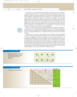 190 section 2 PRODUCT DESIGN AND PROCESS SELECTION
The third step is a search for departmental changes that will reduce costs. On the basis
of the graph and the cost matrix, it seems desirable to place Departments 1 and 6 closer
together to reduce their high move-distance costs. However, this requires shifting several
other departments, thereby affecting their move-distance costs and the total cost of the
second solution. Exhibit TN5.5 shows the revised layout resulting from relocating
Department 6 and an adjacent department. (Department 4 is arbitrarily selected for this
purpose.) The revised cost matrix for the exchange, showing the cost changes, is given in
Exhibit TN5.6. Note the total cost is $262 greater than in the initial solution. Clearly,
doubling the distance between Departments 6 and 7 accounted for the major part of the cost
increase. This points out the fact that, even in a small problem, it is rarely easy to decide
the correct “obvious move” on the basis of casual inspection.
Thus far, we have shown only one exchange among a large number of potential ex-
changes; in fact, for an eight-department problem, there are 8! (or 40,320) possible arrange-
ments. Therefore, the procedure we have employed would have only a remote possibility of
achieving an optimal combination in a reasonable number of tries. Nor does our problem
stop here.
Suppose that we do arrive at a good solution solely on the basis of material handling
cost, such as that shown in Exhibit TN5.7 (whose total cost is $3,550). We would note, ﬁrst
of all, that our shipping and receiving department is near the center of the factory—an
arrangement that probably would not be acceptable. The sewing department is next to the
painting department, introducing the hazard that lint, thread, and cloth particles might drift
onto painted items. Further, small toy assembly and large toy assembly are located at op-
posite ends of the plant, which would increase travel time for assemblers (who very likely
would be needed in both departments at various times of the day) and for supervisors (who
might otherwise supervise both departments simultaneously). Often factors other than
material handling cost need to be considered in ﬁnalizing a layout.
E X H I B I T TN5.5
Revised Interdepartmental Flow
Chart (Only interdepartmental
flow with effect on cost is
depicted.)
200
374
25
103100
90
1 3 5 7
2 6 4 8
E X H I B I T TN5.6
Cost Matrix—Second Solution
Net cost change
1751
1 2 3 4 5 6 7 8
2
3
4
5
6
7
8
206
7
187
25
360
270
75
+ $374, + $103
– 25
+ 10
–$20060
240
198
0
180
200
90
125
5
60
150
88
0
200
50
0
17
20
0
748
+ $262
Total cost: $3,736
Exc
el: Proces
sLayout
cha06369_tn05.qxd 3/4/03 11:05 AM Page 190
 