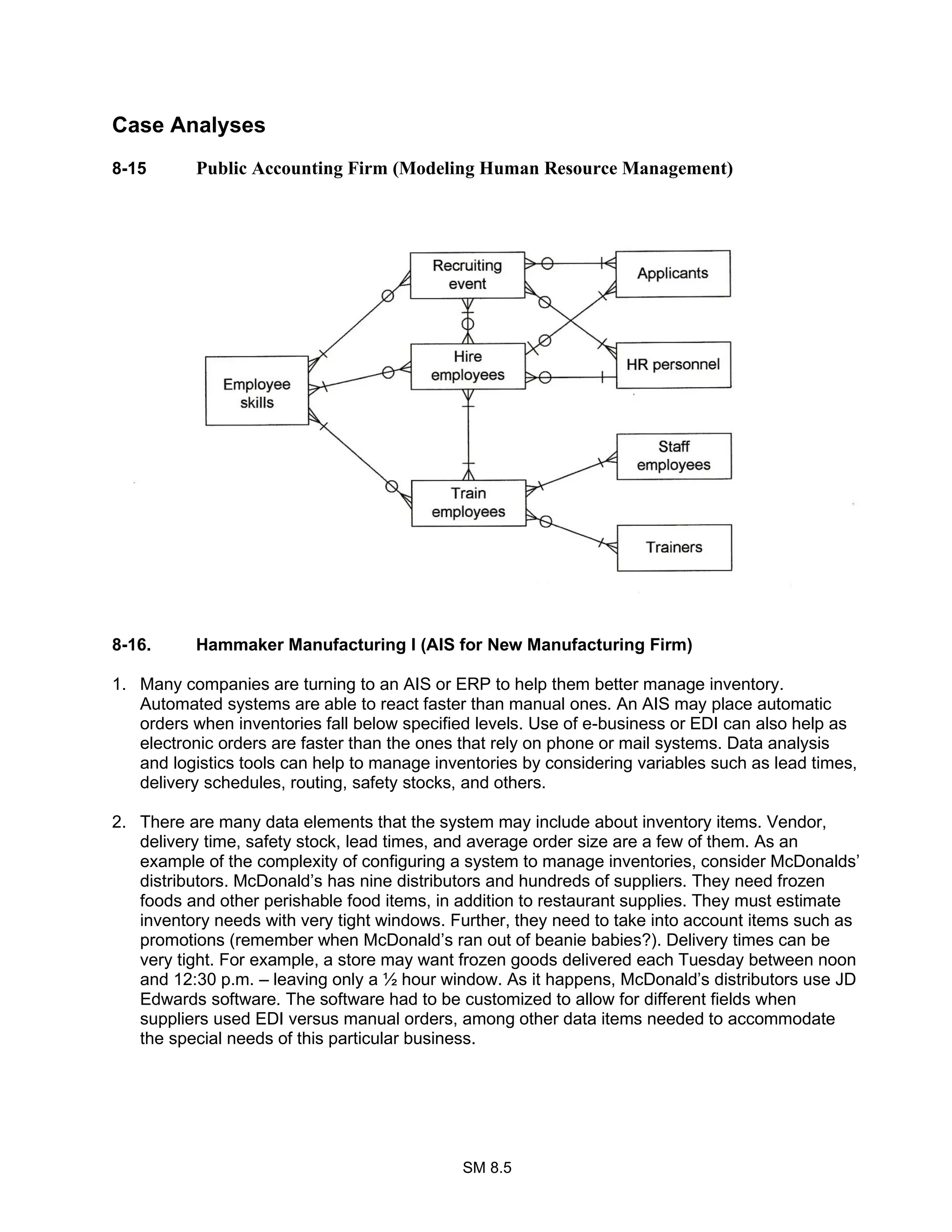 SM 8.5
Case Analyses
8-15 Public Accounting Firm (Modeling Human Resource Management)
8-16. Hammaker Manufacturing I (AIS for New Manufacturing Firm)
1. Many companies are turning to an AIS or ERP to help them better manage inventory.
Automated systems are able to react faster than manual ones. An AIS may place automatic
orders when inventories fall below specified levels. Use of e-business or EDI can also help as
electronic orders are faster than the ones that rely on phone or mail systems. Data analysis
and logistics tools can help to manage inventories by considering variables such as lead times,
delivery schedules, routing, safety stocks, and others.
2. There are many data elements that the system may include about inventory items. Vendor,
delivery time, safety stock, lead times, and average order size are a few of them. As an
example of the complexity of configuring a system to manage inventories, consider McDonalds’
distributors. McDonald’s has nine distributors and hundreds of suppliers. They need frozen
foods and other perishable food items, in addition to restaurant supplies. They must estimate
inventory needs with very tight windows. Further, they need to take into account items such as
promotions (remember when McDonald’s ran out of beanie babies?). Delivery times can be
very tight. For example, a store may want frozen goods delivered each Tuesday between noon
and 12:30 p.m. – leaving only a ½ hour window. As it happens, McDonald’s distributors use JD
Edwards software. The software had to be customized to allow for different fields when
suppliers used EDI versus manual orders, among other data items needed to accommodate
the special needs of this particular business.
 