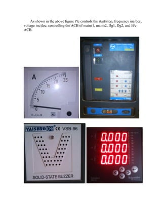 As shown in the above figure Plc controls the start/stop, frequency inc/dec,
voltage inc/dec, controlling the ACB of mains1, mains2, Dg1, Dg2, and B/c
ACB.
 