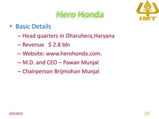 Hero Honda
                  Hero Honda
• Basic Details
    – Head quarters in Dharuhera,Haryana
    – Revenue $ 2.8 bln
    – Website: www.herohonda.com.
    – M.D. and CEO – Pawan Munjal
    – Chairperson Brijmohan Munjal




8/6/2012                                   20
 