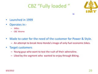 CBZ “Fully loaded ”
                                                         Go



• Launched in 1999
• Operates in:-
    – 160cc.
    – CBZ Xtreme


• Made to cater for the need of the customer for Power & Style.
    – An attempt to break Hero Honda’s image of only fuel economic bikes.
• Target customers
    – Young guys who want to test the rush of their adrenaline.
    – Liked by the segment who wanted to enjoy through Biking.




8/6/2012                                                               29
 