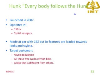 Hunk “Every body follows the Hunk”
                                                Go



• Launched in 2007
• Operates in:-
    – 150 cc
    – Stylish category


• Made at par with CBZ but its features are loaded towards
  looks and style a.
• Target customers
    – Young population
    – All those who want a stylish bike.
    – A bike that is different from others.


8/6/2012                                                     33
 