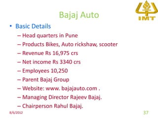 Bajaj Auto
• Basic Details
    – Head quarters in Pune
    – Products Bikes, Auto rickshaw, scooter
    – Revenue Rs 16,975 crs
    – Net income Rs 3340 crs
    – Employees 10,250
    – Parent Bajaj Group
    – Website: www. bajajauto.com .
    – Managing Director Rajeev Bajaj.
    – Chairperson Rahul Bajaj.
8/6/2012                                       37
 