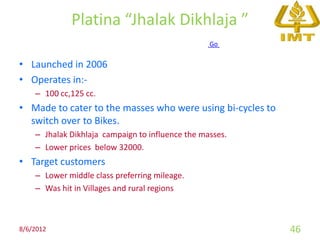 Platina “Jhalak Dikhlaja ”
                                                  Go


• Launched in 2006
• Operates in:-
    – 100 cc,125 cc.
• Made to cater to the masses who were using bi-cycles to
  switch over to Bikes.
    – Jhalak Dikhlaja campaign to influence the masses.
    – Lower prices below 32000.
• Target customers
    – Lower middle class preferring mileage.
    – Was hit in Villages and rural regions



8/6/2012                                                    46
 