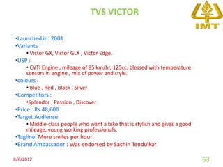 TVS VICTOR

•Launched in: 2001
•Variants
     • Victor GX, Victor GLX , Victor Edge.
•USP :
     • CVTI Engine , mileage of 85 km/hr, 125cc, blessed with temperature
     sensors in engine , mix of power and style.
•colours :
     • Blue , Red , Black , Silver
•Competitors :
     •Splendor , Passion , Discover
•Price : Rs.48,600
•Target Audience:
     • Middle-class people who want a bike that is stylish and gives a good
     mileage, young working professionals.
•Tagline: More smiles per hour
•Brand Ambassador : Was endorsed by Sachin Tendulkar.

8/6/2012                                                                      63
 