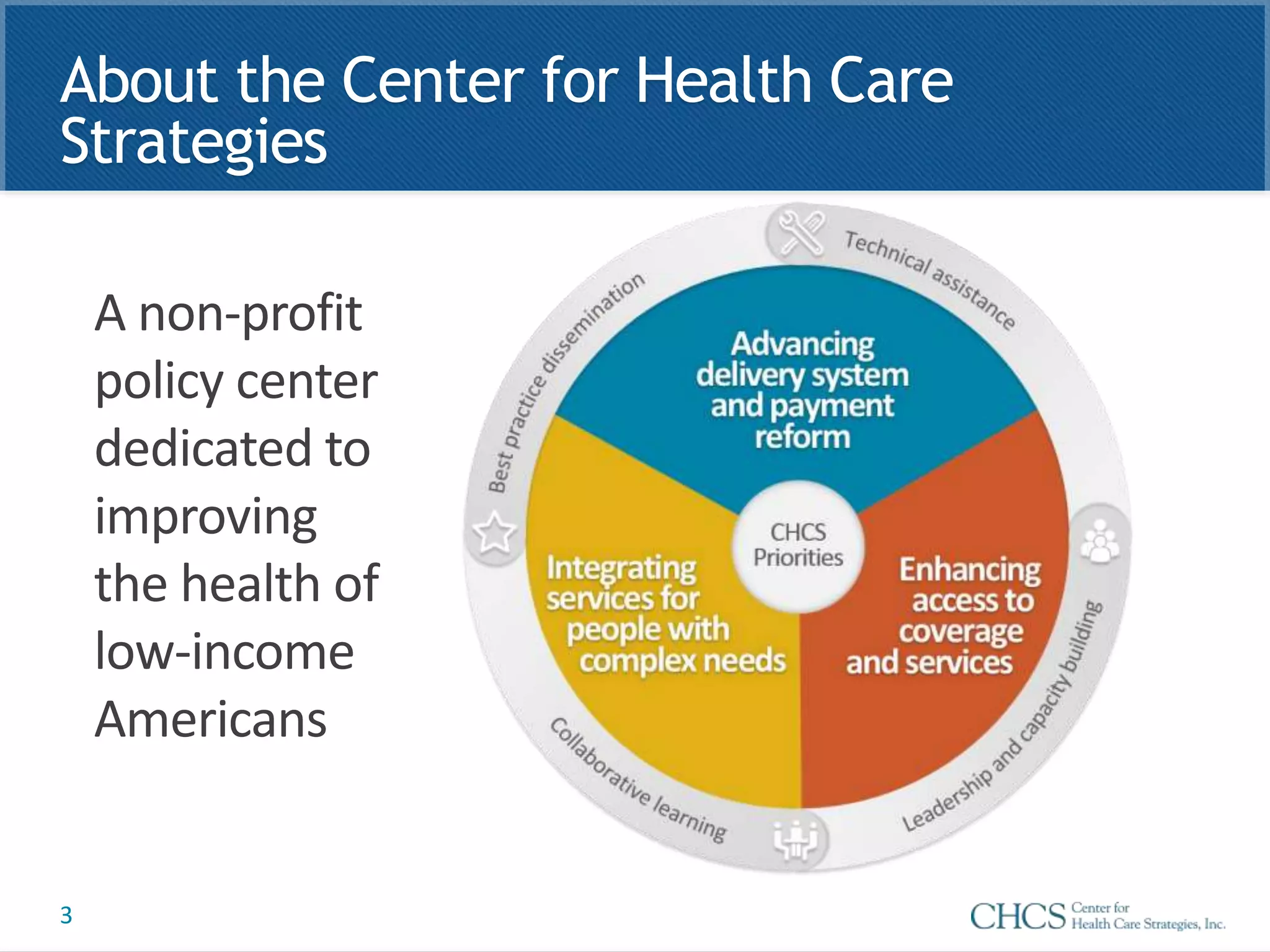 3
About the Center for Health Care
Strategies
A non-profit
policy center
dedicated to
improving
the health of
low-income
Americans
 