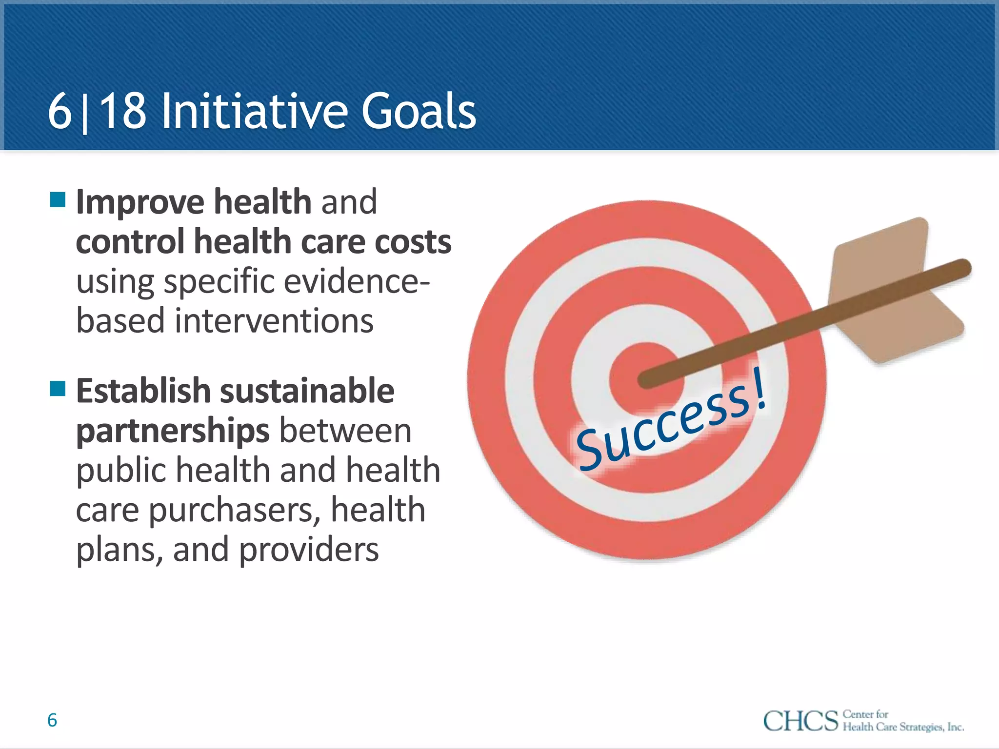  Improve health and
control health care costs
using specific evidence-
based interventions
 Establish sustainable
partnerships between
public health and health
care purchasers, health
plans, and providers
6
6|18 Initiative Goals
 