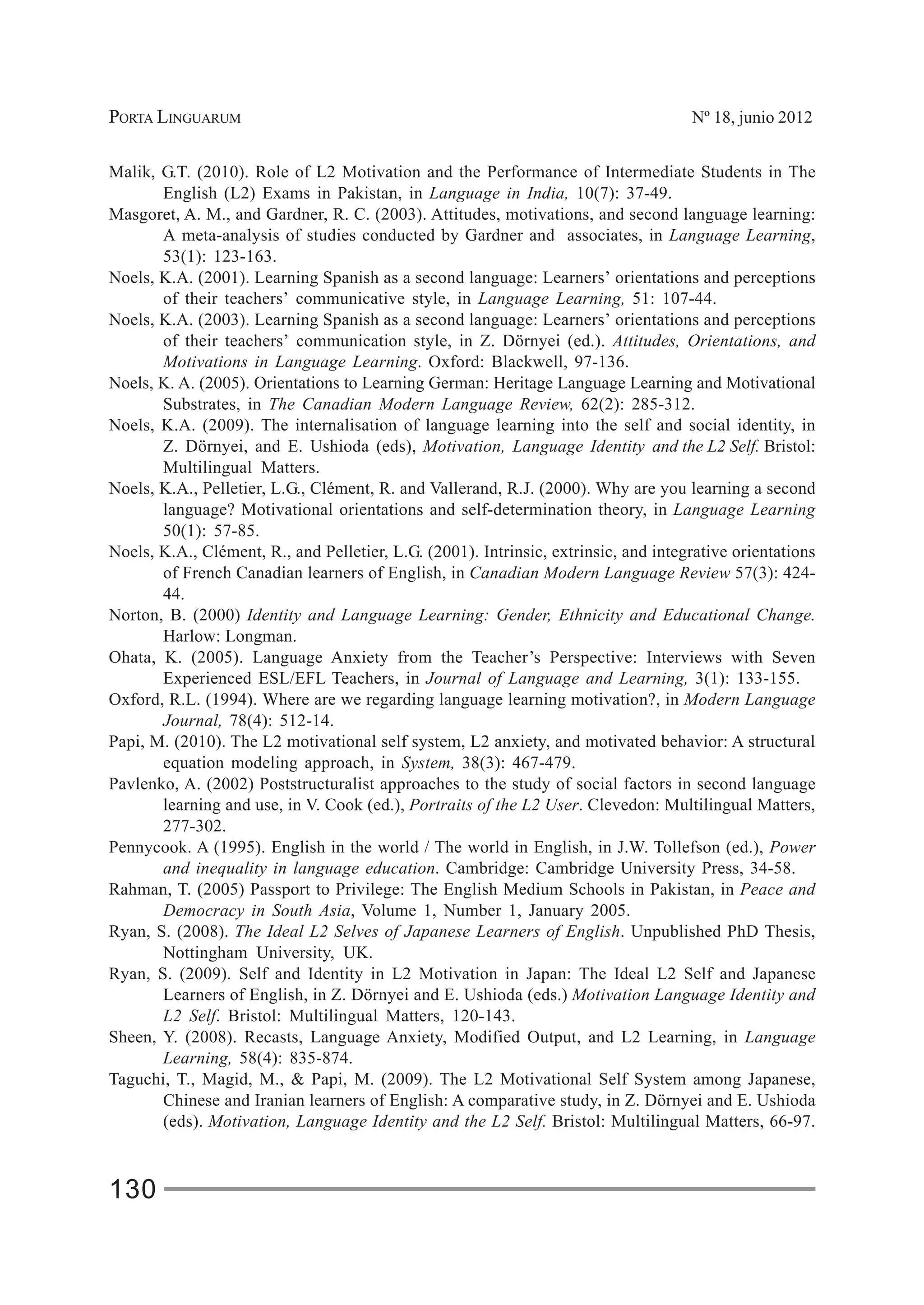 PORTA LINGUARUM Nº 18, junio 2012
130
Malik, G.T. (2010). Role of L2 Motivation and the Performance of Intermediate Students in The
English (L2) Exams in Pakistan, in Language in India, 10(7): 37-49.
Masgoret, A. M., and Gardner, R. C. (2003). Attitudes, motivations, and second language learning:
A meta-analysis of studies conducted by Gardner and associates, in Language Learning,
53(1): 123-163.
Noels, K.A. (2001). Learning Spanish as a second language: Learners’ orientations and perceptions
of their teachers’ communicative style, in Language Learning, 51: 107-44.
Noels, K.A. (2003). Learning Spanish as a second language: Learners’ orientations and perceptions
of their teachers’ communication style, in Z. Dörnyei (ed.). Attitudes, Orientations, and
Motivations in Language Learning. Oxford: Blackwell, 97-136.
Noels, K. A. (2005). Orientations to Learning German: Heritage Language Learning and Motivational
Substrates, in The Canadian Modern Language Review, 62(2): 285-312.
Noels, K.A. (2009). The internalisation of language learning into the self and social identity, in
Z. Dörnyei, and E. Ushioda (eds), Motivation, Language Identity and the L2 Self. Bristol:
Multilingual Matters.
Noels, K.A., Pelletier, L.G., Clément, R. and Vallerand, R.J. (2000). Why are you learning a second
language? Motivational orientations and self-determination theory, in Language Learning
50(1): 57-85.
Noels, K.A., Clément, R., and Pelletier, L.G. (2001). Intrinsic, extrinsic, and integrative orientations
of French Canadian learners of English, in Canadian Modern Language Review 57(3): 424-
44.
Norton, B. (2000) Identity and Language Learning: Gender, Ethnicity and Educational Change.
Harlow: Longman.
Ohata, K. (2005). Language Anxiety from the Teacher’s Perspective: Interviews with Seven
Experienced ESL/EFL Teachers, in Journal of Language and Learning, 3(1): 133-155.
Oxford, R.L. (1994). Where are we regarding language learning motivation?, in Modern Language
Journal, 78(4): 512-14.
Papi, M. (2010). The L2 motivational self system, L2 anxiety, and motivated behavior: A structural
equation modeling approach, in System, 38(3): 467-479.
Pavlenko, A. (2002) Poststructuralist approaches to the study of social factors in second language
learning and use, in V. Cook (ed.), Portraits of the L2 User. Clevedon: Multilingual Matters,
277-302.
Pennycook. A (1995). English in the world / The world in English, in J.W. Tollefson (ed.), Power
and inequality in language education. Cambridge: Cambridge University Press, 34-58.
Rahman, T. (2005) Passport to Privilege: The English Medium Schools in Pakistan, in Peace and
Democracy in South Asia, Volume 1, Number 1, January 2005.
Ryan, S. (2008). The Ideal L2 Selves of Japanese Learners of English. Unpublished PhD Thesis,
Nottingham University, UK.
Ryan, S. (2009). Self and Identity in L2 Motivation in Japan: The Ideal L2 Self and Japanese
Learners of English, in Z. Dörnyei and E. Ushioda (eds.) Motivation Language Identity and
L2 Self. Bristol: Multilingual Matters, 120-143.
Sheen, Y. (2008). Recasts, Language Anxiety, Modified Output, and L2 Learning, in Language
Learning, 58(4): 835-874.
Taguchi, T., Magid, M., & Papi, M. (2009). The L2 Motivational Self System among Japanese,
Chinese and Iranian learners of English: A comparative study, in Z. Dörnyei and E. Ushioda
(eds). Motivation, Language Identity and the L2 Self. Bristol: Multilingual Matters, 66-97.
 