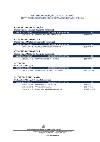 SISTEMA DE SELEÇÃO UNIFICADA – SiSU
LISTA DE SELECIONADOS NA DÉCIMA PRIMEIRA CHAMADA
CIÊNCIA DA COMPUTAÇÃO
Bacharelado / Integral (Segundo Semestre)
INSCRIÇÃO ENEM NOME DO CANDIDATO RG
120150539771 EMERSON REIS DINAMARCA SILVA 973904020
CIÊNCIAS ECONÔMICAS
Bacharelado / Matutino (Segundo Semestre)
INSCRIÇÃO ENEM NOME DO CANDIDATO RG
120155350111 RODRIGO PINHEIRO NASCIMENTO 1015050514
CIÊNCIAS ECONÔMICAS
Bacharelado / Noturno (Segundo Semestre)
INSCRIÇÃO ENEM NOME DO CANDIDATO RG
120128532476 JULIA BORBA CAETITE ALGARRA 1393809227
MEDICINA
Bacharelado / Integral
INSCRIÇÃO ENEM NOME DO CANDIDATO RG
120162341505 VICTOR OLIVIO OLIVEIRA DO CARMO MG13363298
MEDICINA VETERINÁRIA
Bacharelado / Integral (Segundo Semestre)
INSCRIÇÃO ENEM NOME DO CANDIDATO RG
120163119181 MOISES MACEDO DE SOUZA 9593562
120157335519 RAFAELLY SILVA LESSA 1483727246
120139707523 ROANICHAN NAHABEDIAN PADILHA 20.697.316-00
UNIVERSIDADE ESTADUAL DE SANTA CRUZ – UESC
Campus Prof. Soane Nazaré de Andrade – Rodovia Jorge Amado, KM. 16
Tel: Reitoria (73) 3680-5311 – Fax: (73) 3689-1126
CEP: 45.662-900 – Ilhéus – Bahia – Brasil
E-mail: reitoria@uesc.br
 