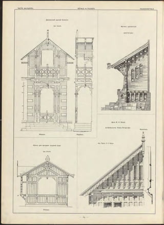 Ф асадъ.
Деревянный крытый балконъ.
Арх. K rauth.
Мотивъ деревянной
архитектуры.
Ф асадъ.
Кіоскъ для продажи содовой воды.
Арх. K rauth.
Разрѣзъ.
Дача M. Н. Бенуа
въ Бобыльскѣ, близъ Петергофа.
Фронтонъ.
Арх. Проф. J1. Н Бенуа.
 