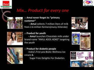 Mix… Product for every one
   o Amul never forget its “primary
   customer”
       - Amul collects 7 million liters of milk
   from 2.6 million formers(many ittiterate)

   o Product for youth
       - Amul launches Chocolate milk under
   brand name “AMUL KOOL KOKO” targeting
   the youth

   o Product for diabetic people
      -India’s First pro-Biotic Wellness Ice
   cream &
        Sugar Free Delights For Diabetics
 