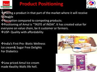 Product Positioning
Placing a product in that part of the market where it will receive
favorable
Reception compared to competing products.
Positioning of Amul is “TASTE of INDIA”. It has created value for
everyone on value chain, be it customer or farmers.
USP- Quality with affordability


India’s First Pro- Biotic Wellness
Ice cream& Sugar Free Delights
For Diabetics


Low priced Amul Ice cream
made Kwality Walls life hell.
 