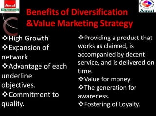 Benefits of Diversification
      &Value Marketing Strategy
High Growth         Providing a product that
Expansion of        works as claimed, is
network              accompanied by decent
                     service, and is delivered on
Advantage of each
                     time.
underline            Value for money
objectives.          The generation for
Commitment to       awareness.
quality.             Fostering of Loyalty.
 