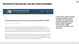 11
Nutritional Standards and the Federal Budget
In May 2025, CBO published
a blog post calling for new
research into how adding
nutritional standards could
impact SNAP recipients'
food choices, health
outcomes, and health care
spending.
 