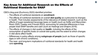 12
CBO’s blog post (Duchovny 2025) identified priorities:
– The effects of nutritional standards on enrollment.
– The effects of nutritional standards on overall diet quality as a precursor to changes
in health. That includes assessments of the relevance of related research, such as the
effects of sugar-sweetened beverage taxes on health (such as Hoffer and Macumber-
Rosin 2025; Cawley and Frisvold 2023), accounting for potential differences in how
people treat SNAP benefits and cash (such as Hastings and Shapiro 2018).
– The effects of changes in diet quality on health, including the effects of the
consumption of specific foods on overall diet quality and the extent to which changes
in diet alone affect health.
– Differences in policy effects among subgroups of people (such as those of specific
ages or with chronic conditions).
– The near- and long-term implications of nutritional standards for health and health
care spending.
Key Areas for Additional Research on the Effects of
Nutritional Standards for SNAP
 