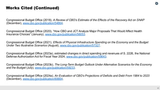 43
Congressional Budget Office (2018), A Review of CBO’s Estimate of the Effects of the Recovery Act on SNAP
(December), www.cbo.gov/publication/54864.
Congressional Budget Office (2020), “How CBO and JCT Analyze Major Proposals That Would Affect Health
Insurance Choices” (January), www.cbo.gov/publication/56053.
Congressional Budget Office (2021), Effects of Physical Infrastructure Spending on the Economy and the Budget
Under Two Illustrative Scenarios (August), www.cbo.gov/publication/57327.
Congressional Budget Office (2023a), estimated changes in direct spending and revenues of S. 2226, the National
Defense Authorization Act for Fiscal Year 2024, www.cbo.gov/publication/59643.
Congressional Budget Office (2023b), The Long-Term Budget Outlook Under Alternative Scenarios for the Economy
and the Budget (July), www.cbo.gov/publication/59233.
Congressional Budget Office (2024a), An Evaluation of CBO’s Projections of Deficits and Debt From 1984 to 2023
(December), www.cbo.gov/publication/60664.
Works Cited (Continued)
 