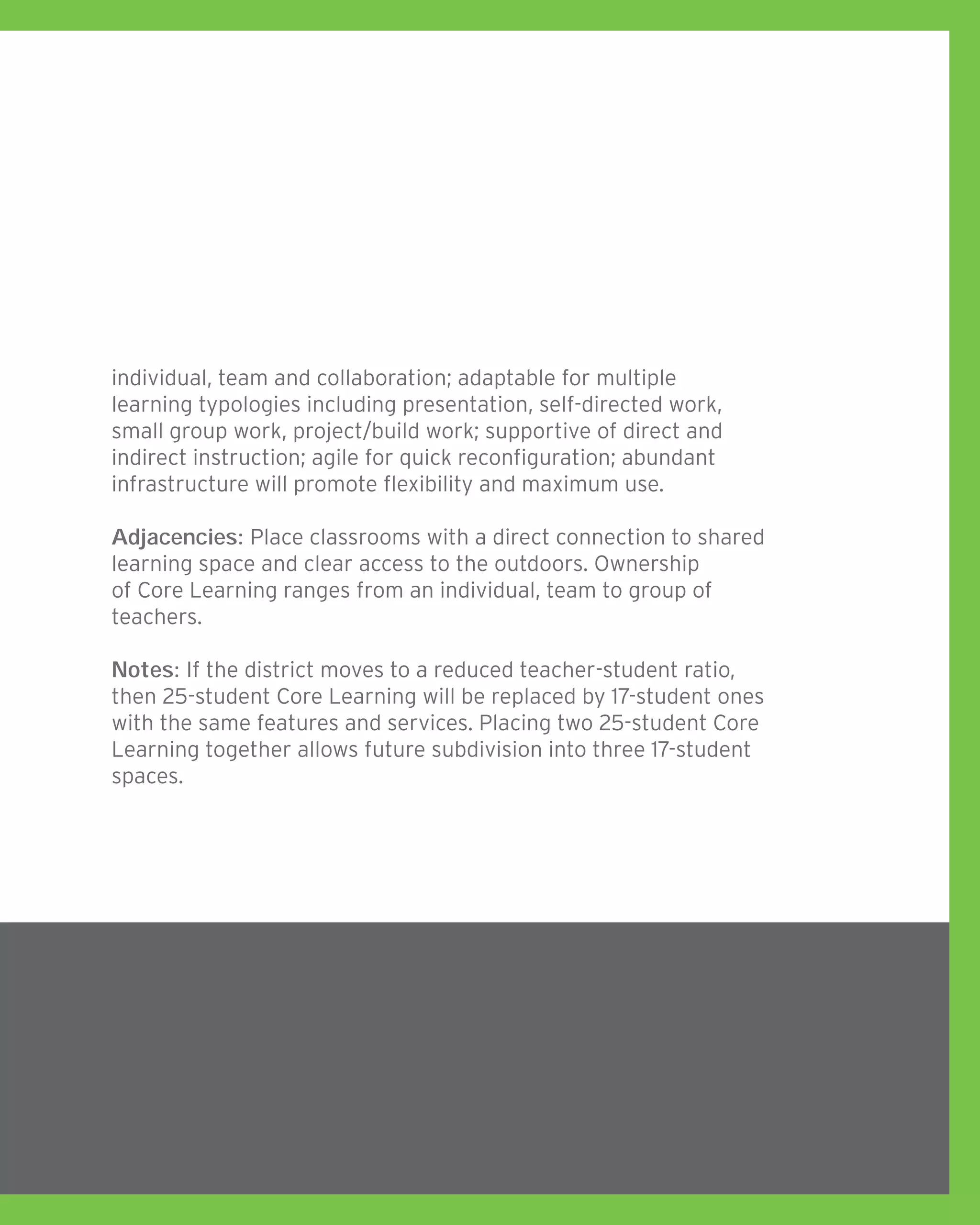 individual, team and collaboration; adaptable for multiple
learning typologies including presentation, self-directed work,
small group work, project/build work; supportive of direct and
indirect instruction; agile for quick reconfiguration; abundant
infrastructure will promote flexibility and maximum use.
Adjacencies: Place classrooms with a direct connection to shared
learning space and clear access to the outdoors. Ownership
of Core Learning ranges from an individual, team to group of
teachers.
Notes: If the district moves to a reduced teacher-student ratio,
then 25-student Core Learning will be replaced by 17-student ones
with the same features and services. Placing two 25-student Core
Learning together allows future subdivision into three 17-student
spaces.
 