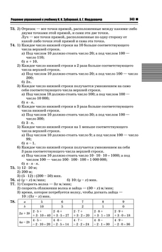 343ǝǲȅǲǺǵǲ ȀǼǽǭǳǺǲǺǵǶ Ƿ ȀȄǲǮǺǵǷȀ Ǖ. Ǖ. ǔȀǮǭǽǲǯǻǶ, Ǎ. ǐ. ǙǻǽǱǷǻǯǵȄǭ
73. 2) Отрезок — все точки прямой, расположенные между какими-либо
двумя точками этой прямой, и сами эти две точки.
Луч — все точки прямой, расположенные по одну сторону от
какой-либо точки этой прямой и сама эта точка.
74. 1) Каждое число нижней строки на 10 больше соответствующего
числа верхней строки.
а) Под числом 10 должно стоять число 20; а под числом 100 —
число 110;
б) п + 10.
2) Каждое число нижней строки в 2 раза больше соответствующего
числа верхней строки.
а) Под числом 10 должно стоять число 20; а под число 100 — число
200;
б) 2п.
3) Каждое число нижней строки получается умножением на само
себя соответствующего числа верхней строки.
а) Под числом 10 должно стоять число 100; а под числом 100 —
число 10 000;
б) п ˜ п.
4) Каждое число нижней строки в 3 раза больше соответствующего
числа нижней строки.
а) Под числом 10 должно стоять число 30; а под числом 100 —
число 300;
б) 3 ˜ п.
5) Каждое число нижней строки на 1 меньше соответствующего
числа верхней строки.
а) Под числом 10 должно стоять число 9; а под числом 100 — число
99;
б) п – 1.
6) Каждое число нижней строки получается умножением на себя
3 раза соответствующего числа верхней строки.
а) Под числом 10 должно стоять число 10 ˜ 10 ˜ 10 1000; а под
числом 100 — число 100 ˜ 100 ˜ 100 1 000 000;
б) п ˜ п ˜ п.
75. 1) 12 ˜ 50 м;
2) 200 м;
3) (5 ˜ 12) : (200 – 50) мин.
76. а) (y – x) м/мин; б) 10: (y – x) мин.
77. 1) Скорость волка — 3х м/мин;
2) скорость сближения волка и зайца — (30 – х) м/мин;
3) время, которое потребуется волку, чтобы догнать зайца —
10 : (3х – х) мин.
78. а 5 6 7 8 9
b 10 5 2 1 0
2a + 3b
2 ˜ 5 +
+ 3 ˜ 10 40
2 ˜ 6 +
+ 3 ˜ 5 27
2 ˜ 7 +
+ 3 ˜ 2 20
2 ˜ 8 +
+ 3 ˜ 1 19
2 ˜ 9 +
+ 3 ˜ 0 18
4a – 2b
4 ˜ 5 –
– 2 ˜ 10 20
4 ˜ 6 –
– 2 ˜ 5 14
4 ˜ 7 –
– 2 ˜ 2 24
4 ˜ 8 –
– 2 ˜ 1 30
4 ˜ 9 –
– 2 ˜ 0 36
 