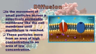 is the movement of
small particles across a
selectively permeable
membrane like the cell
membrane until
equilibrium is reached.
 These particles move
from an area of high
concentration to an
area of low
concentration.
 