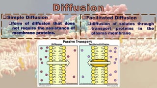 Simple Diffusion
form of diffusion that does
not require the assistance of
membrane proteins.
Facilitated Diffusion
diffusion of solutes through
transport proteins in the
plasma membrane
 