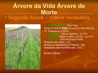Árvore da Vida Árvore de Morte Segunda Árvore – Videira Verdadeira PRÉ-ENXERTO:  Boa Raiz Graça É Melhor  POIS  favorece o Caminho da  Fé, Esperança e Amor ENXERTO:  Broto Legítimo - Jo 15.1 RAMOS:  Vidas Unidas a Cristo - Jo 15.5 FRUTOS:  Vida na Graça/Cristo Atraente aos olhos - Luz Gl 5.22 e 23  Agradável ao Paladar - Sal Desejável para Humilhar-me - Cruz FRUTA QUE PROMETE!   AGORA... Bonita e Doce! 