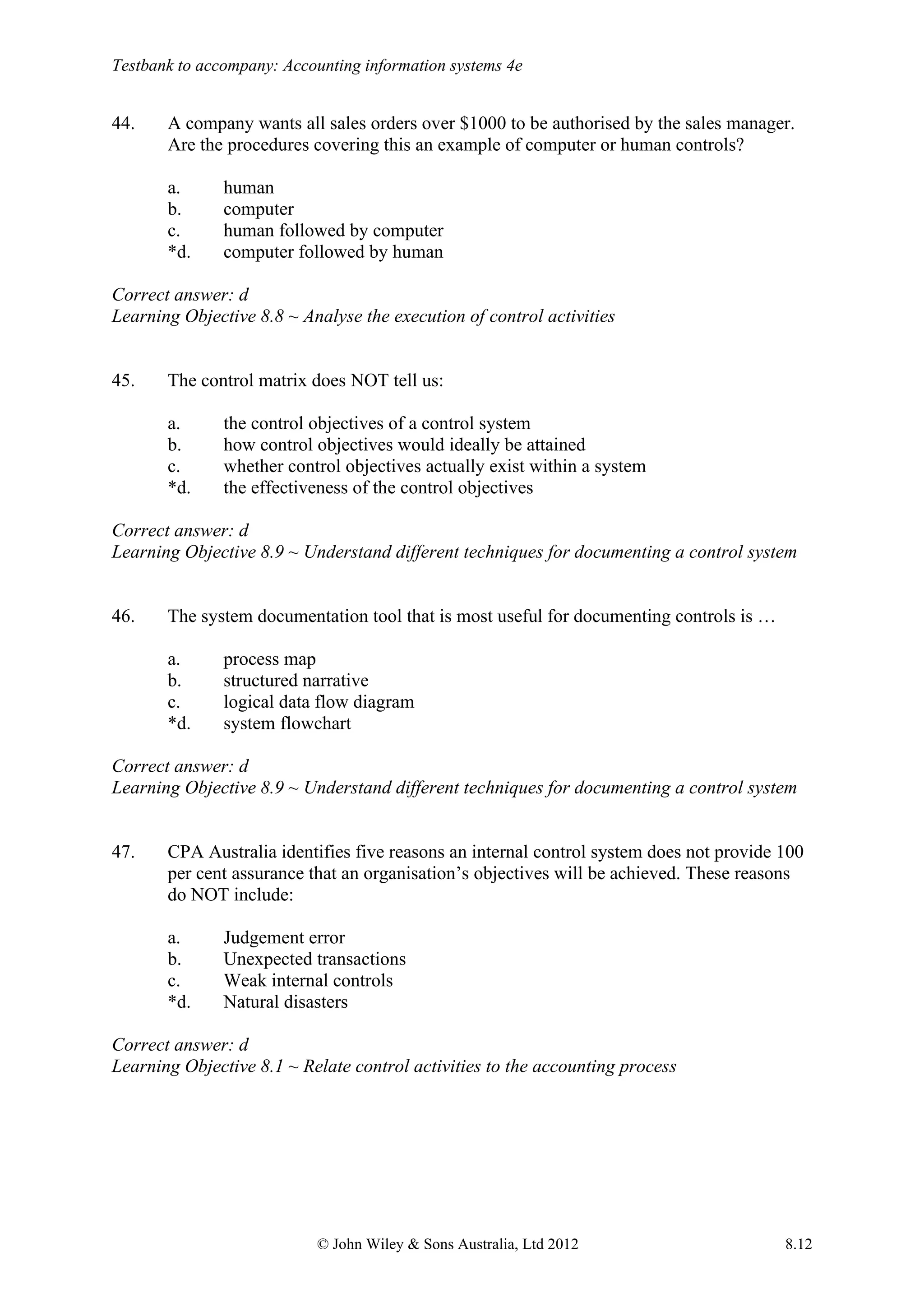 Testbank to accompany: Accounting information systems 4e
© John Wiley & Sons Australia, Ltd 2012 8.12
44. A company wants all sales orders over $1000 to be authorised by the sales manager.
Are the procedures covering this an example of computer or human controls?
a. human
b. computer
c. human followed by computer
*d. computer followed by human
Correct answer: d
Learning Objective 8.8 ~ Analyse the execution of control activities
45. The control matrix does NOT tell us:
a. the control objectives of a control system
b. how control objectives would ideally be attained
c. whether control objectives actually exist within a system
*d. the effectiveness of the control objectives
Correct answer: d
Learning Objective 8.9 ~ Understand different techniques for documenting a control system
46. The system documentation tool that is most useful for documenting controls is …
a. process map
b. structured narrative
c. logical data flow diagram
*d. system flowchart
Correct answer: d
Learning Objective 8.9 ~ Understand different techniques for documenting a control system
47. CPA Australia identifies five reasons an internal control system does not provide 100
per cent assurance that an organisation’s objectives will be achieved. These reasons
do NOT include:
a. Judgement error
b. Unexpected transactions
c. Weak internal controls
*d. Natural disasters
Correct answer: d
Learning Objective 8.1 ~ Relate control activities to the accounting process
 