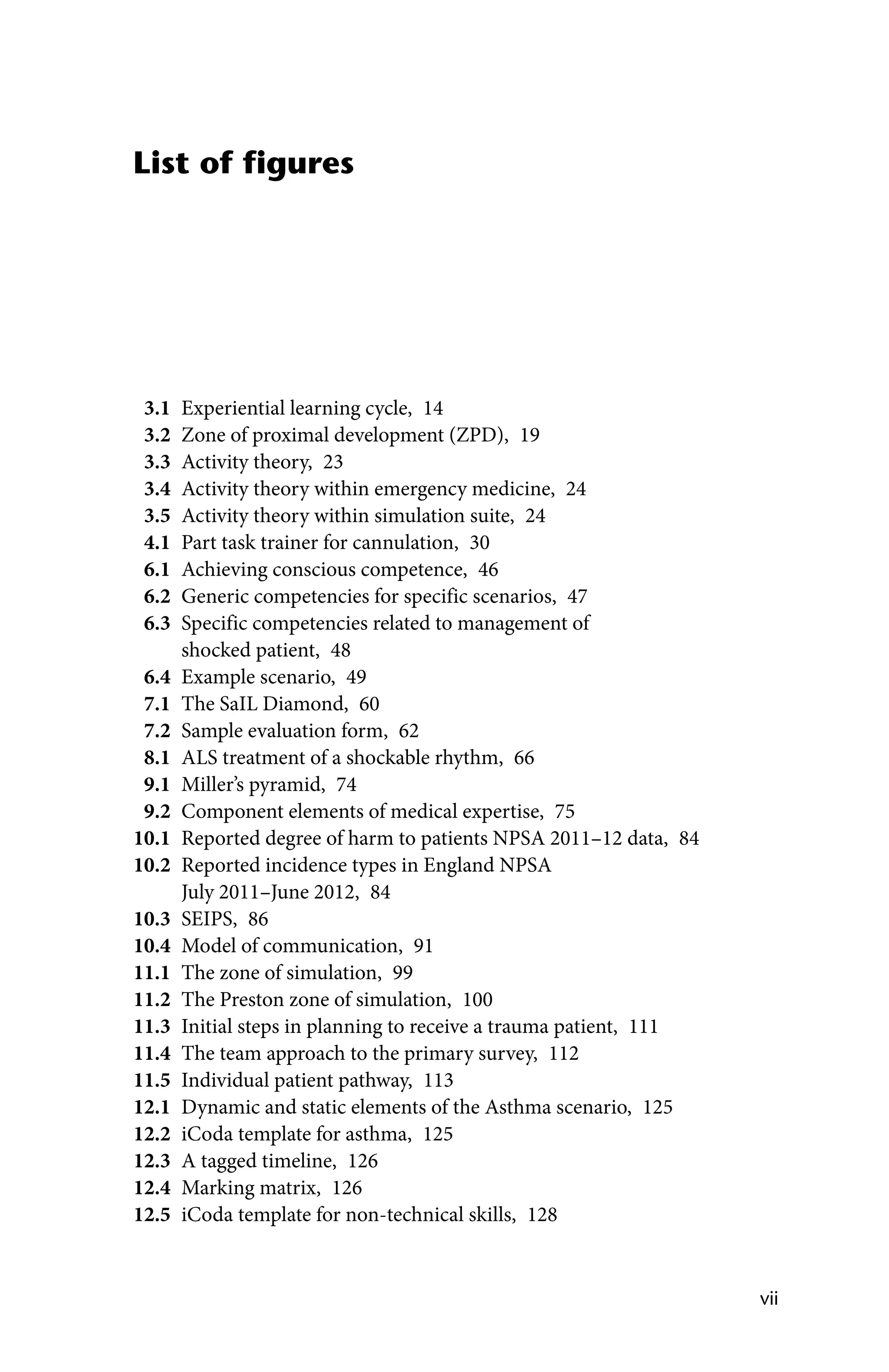 vii
List of figures
3.1 Experiential learning cycle, 14
3.2 Zone of proximal development (ZPD), 19
3.3 Activity theory, 23
3.4 Activity theory within emergency medicine, 24
3.5 Activity theory within simulation suite, 24
4.1 Part task trainer for cannulation, 30
6.1 Achieving conscious competence, 46
6.2 Generic competencies for specific scenarios, 47
6.3 Specific competencies related to management of
shocked patient, 48
6.4 Example scenario, 49
7.1 The SaIL Diamond, 60
7.2 Sample evaluation form, 62
8.1 ALS treatment of a shockable rhythm, 66
9.1 Miller’s pyramid, 74
9.2 Component elements of medical expertise, 75
10.1 Reported degree of harm to patients NPSA 2011–12 data, 84
10.2 Reported incidence types in England NPSA
July 2011–June 2012, 84
10.3 SEIPS, 86
10.4 Model of communication, 91
11.1 The zone of simulation, 99
11.2 The Preston zone of simulation, 100
11.3 Initial steps in planning to receive a trauma patient, 111
11.4 The team approach to the primary survey, 112
11.5 Individual patient pathway, 113
12.1 Dynamic and static elements of the Asthma scenario, 125
12.2 iCoda template for asthma, 125
12.3 A tagged timeline, 126
12.4 Marking matrix, 126
12.5 iCoda template for non-technical skills, 128
 