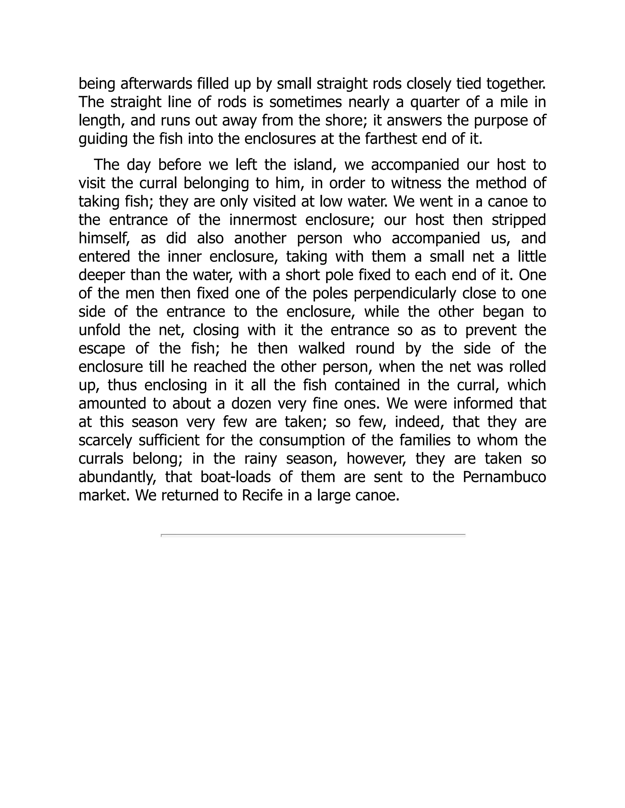 being afterwards filled up by small straight rods closely tied together.
The straight line of rods is sometimes nearly a quarter of a mile in
length, and runs out away from the shore; it answers the purpose of
guiding the fish into the enclosures at the farthest end of it.
The day before we left the island, we accompanied our host to
visit the curral belonging to him, in order to witness the method of
taking fish; they are only visited at low water. We went in a canoe to
the entrance of the innermost enclosure; our host then stripped
himself, as did also another person who accompanied us, and
entered the inner enclosure, taking with them a small net a little
deeper than the water, with a short pole fixed to each end of it. One
of the men then fixed one of the poles perpendicularly close to one
side of the entrance to the enclosure, while the other began to
unfold the net, closing with it the entrance so as to prevent the
escape of the fish; he then walked round by the side of the
enclosure till he reached the other person, when the net was rolled
up, thus enclosing in it all the fish contained in the curral, which
amounted to about a dozen very fine ones. We were informed that
at this season very few are taken; so few, indeed, that they are
scarcely sufficient for the consumption of the families to whom the
currals belong; in the rainy season, however, they are taken so
abundantly, that boat-loads of them are sent to the Pernambuco
market. We returned to Recife in a large canoe.
 