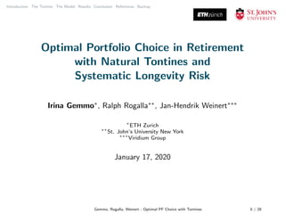 Introduction The Tontine The Model Results Conclusion References Backup
Optimal Portfolio Choice in Retirement
with Natural Tontines and
Systematic Longevity Risk
Irina Gemmo∗
, Ralph Rogalla∗∗
, Jan-Hendrik Weinert∗∗∗
∗
ETH Zurich
∗∗
St. John’s University New York
∗∗∗
Viridium Group
January 17, 2020
Gemmo, Rogalla, Weinert - Optimal PF Choice with Tontines 0 / 28
 