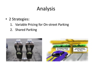 Analysis
• 2 Strategies:
  1. Variable Pricing for On-street Parking
  2. Shared Parking
 