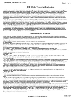Page of8
01/24/2017
** PROTECTED BY FERPA **
ANTHONY, MIKHIELA SHANDRE 8
JST Official Transcript Explanation
The American Council on Education (ACE) is the nation's unifying voice for higher education. ACE serves as a consensus leader on key higher
education issues and seeks to influence public policy through advocacy, research, and program initiatives. ACE's Military Programs evaluates formal
service courses and occupations approved by a central authority, employing the services of teams of subject-matter specialists from colleges and
universities (professors, deans, and other academicians) that, through the discussion and the application of evaluation procedures and guidelines,
reach consensus on content, description, and amount of credit to be recommended for selected courses and occupations. For comprehensive
information on the ACE Military Evaluation process, consult the Course and Occupation Evaluation Systems, described in the online Guide to the
Evaluation of Educational Experiences in the Armed Services at: http://www.acenet.edu/higher-education/topics/Pages/College-Credit-for-Military-
Service.aspx).
ACE, the American Association of Collegiate Registrars and Admissions Officers (AACRAO), and the Council for Higher Education Accreditation
have developed a set of guidelines contained in the Joint Statement on the Transfer and Award of Credit (http://www.acenet.edu/news-
room/Pages/Joint-Statement-on-the-Transfer-and-Award-of-Credit.aspx) that are intended to serve as a guide for institutions developing or reviewing
policies dealing with transfer, acceptance and award of credit for courses and occupations completed in a variety of institutional and extrainstitutional
settings, including the military. More information on guidelines for awarding credit for courses and occupations appearing on JST transcripts is
contained in The AACRAO 2003 Academic Record and Transcript Guide.
Service members may request copies of JST transcripts directly from the Operation Centers at https://jst.doded.mil. ACE does not issue these
transcripts or make any adjustments to missing or incorrect information contained in them. Service members must contact the respective service
specific Operations Centers for adjustments or corrections to the transcripts. Colleges and universities may also receive web-based official copies of
these documents by contacting the JST Operations Center at jst@doded.mil.
Understanding JST Transcripts
The full exhibit and description for courses and occupations listed on JST transcripts can be found in the Guide to the Evaluation of Educational
Experiences in the Armed Services which is available only online at: (http://www.acenet.edu/news-room/pages/military-guide-online.aspx) and updated
on a daily basis as new courses and occupations are evaluated for recommended credit.
Key to transcript terms:
Military Course ID - This is the number the military service has assigned for this particular course.
SH - Semester hours.
ACE Identifier - The number ACE assigns a particular course. Courses are identified by a 2-letter prefix that designates the military service (AF - Air
Force, AR - Army, CG - Coast Guard, DD - Department of Defense, MC - Marine Corps, and NV - Navy), followed by a unique eight-digit course
identifier.
ACE Credit Recommendation is listed in semester hours, in the following categories:
V = Vocational; L = Lower level (freshman or sophomore level); U = Upper level (Junior or Senior Level); G = Graduate level.
Dates Taken/Dates Held - Courses and occupations will normally have a start and end date that will show the time period the course was completed or
the occupation was held.
Location - Valid location(s) where the course was completed.
Occupational Codes:
Army MOS:
MOS - Army MOS has 5 digits. The first 3 digits identify the occupational specialty and the last 2 digits identify the skill level (E1-E4 = skill
level10; E5 = skill level 20; E6 = skill level 30; E7 = skill level 40; E8 - skill level 50; E9 = skill level 60).
Navy Rates and Ratings:
NER - Navy enlisted rates are occupation identifications assigned to personnel at paygrades E-1 to E-9. Each general rate involves the performance of
entry-level tasks and leads to one or more ratings. Career patterns from recruit to master chief petty officer are identified by 4 to 5-digit codes.
NEC - The NEC Structure supplements the Enlisted Rating Structure by identifying skills requiring more specific identification than that provided
by general rates and ratings and that are not rating-wide requirements. Selected NECS have been evaluated by ACE to date.
LDO, NWO - Limited Duty Officer, Navy Warrant Officer - Technical officer specialists who perform duties that are technically oriented, with
skills acquired through experience and training that are limited in scope to other officer categories. These specialties are normally identified by 4
digits, each successively providing more precise identification of the individual holder.
Marine Corps:
MCE - an MOS has 4 digits and a descriptive title; the first 2 digits normally describe the occupational field and the last 2 digits identify the
promotional level and specialty within the occupation.
MCO - officer MOS.
Coast Guard:
CGA - Coast Guard officer aviation competencies.
CGR - Enlisted rating structure used for classified enlisted personnel and qualifications, with career levels from recruit to master chief petty
officer.
CGW - Coast Guard Warrant Officers are technical officer specialists who perform duties that are technically oriented and acquired through
experience and training that is limited in scope and relation to other officer categories.
MATMEP - Maintenance Training Management and Evaluation Program, a standardized, documentable, level-progressive, technical skills management
and evaluation program for enlisted aviation technical maintenance training. The Summary sheet submitted by the service member lists the current
level of training completed and should be used by the evaluator to verify the attained level in awarding credit.
DANTES - The Defense Activity for Non-Traditional Education Support maintains the educational records of the service members who have completed
DANTES subject Standardized Tests (DSSTs), CLEP examinations, and GED tests. For examinations administered at military installations, results of
these tests may appear on JST transcripts for consideration in the award of the recommended credit. However, individual colleges and universities may
reserve the right to request official scores directly from ETS or DANTES, to confirm completion of these exams and the credits recommended.
COLLEGE LEVEL EXAMINATION PROGRAM (CLEP) - The College-Level Examination Program or CLEP provides students of any age with the
opportunity to demonstrate college-level achievement through a program of exams in undergraduate college courses. There are 2,900 colleges that
grant credit and/or advanced standing for CLEP exams.
 