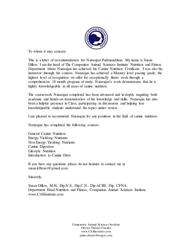 letter of recommendation companion animal letter