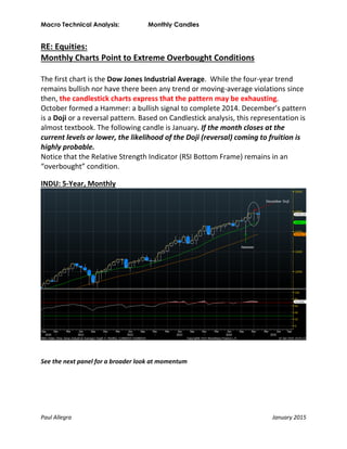 Macro Technical Analysis: Monthly Candles
Paul Allegra January 2015
RE: Equities:
Monthly Charts Point to Extreme Overbought Conditions
The first chart is the Dow Jones Industrial Average. While the four-year trend
remains bullish nor have there been any trend or moving-average violations since
then, the candlestick charts express that the pattern may be exhausting.
October formed a Hammer: a bullish signal to complete 2014. December’s pattern
is a Doji or a reversal pattern. Based on Candlestick analysis, this representation is
almost textbook. The following candle is January. If the month closes at the
current levels or lower, the likelihood of the Doji (reversal) coming to fruition is
highly probable.
Notice that the Relative Strength Indicator (RSI Bottom Frame) remains in an
“overbought” condition.
INDU: 5-Year, Monthly
See the next panel for a broader look at momentum
 